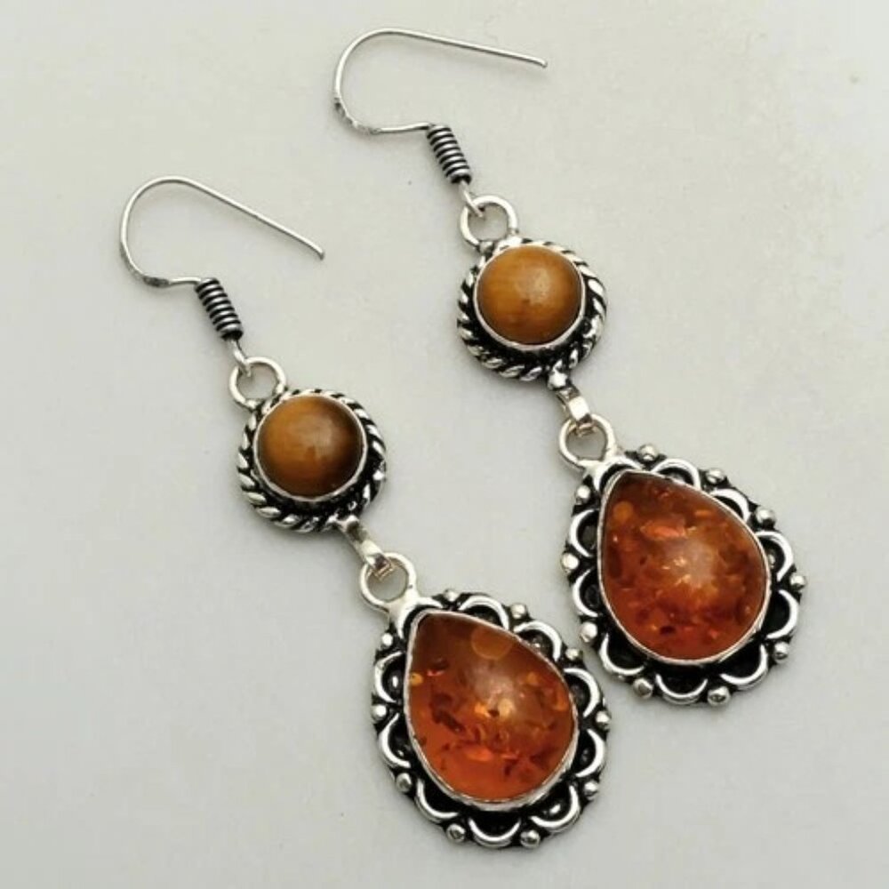 Amber Tiger Eye Sterling Silver Drop Earrings